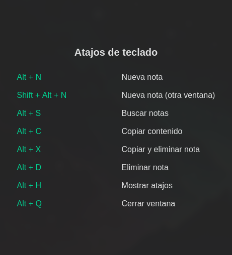 Vista de atajos de teclado